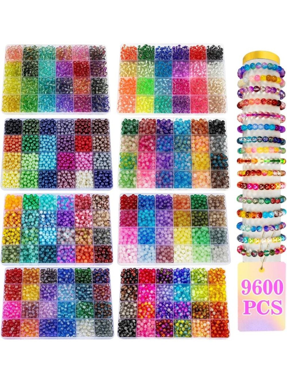 9600pcs 8mm Colorful Glass Beads Kit - 192 Colors for DIY Jewelry & Crafts